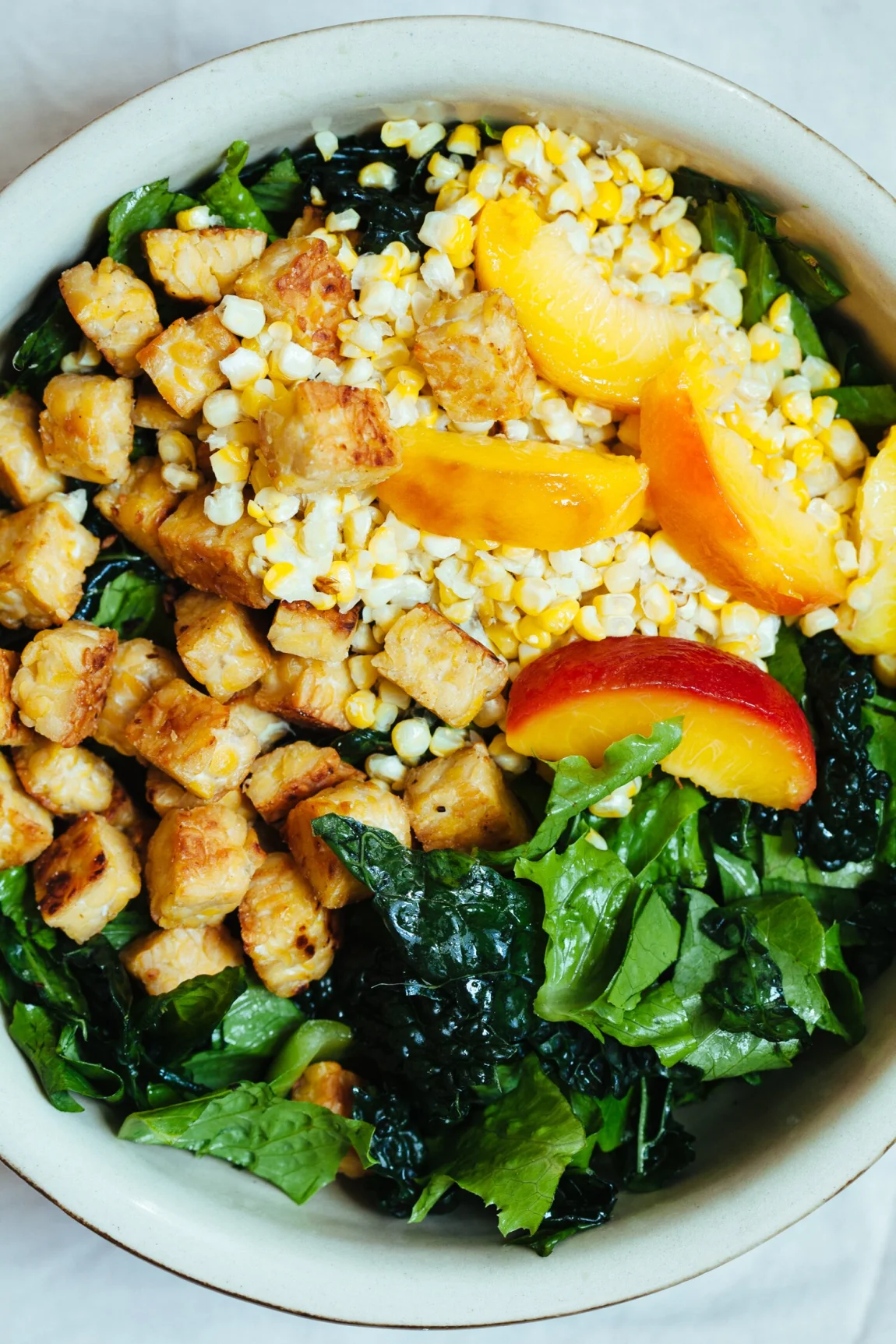 Vegan Caesar Salad with Tempeh Croutons, Roasted Peaches and Corn | Golubka Kitchen