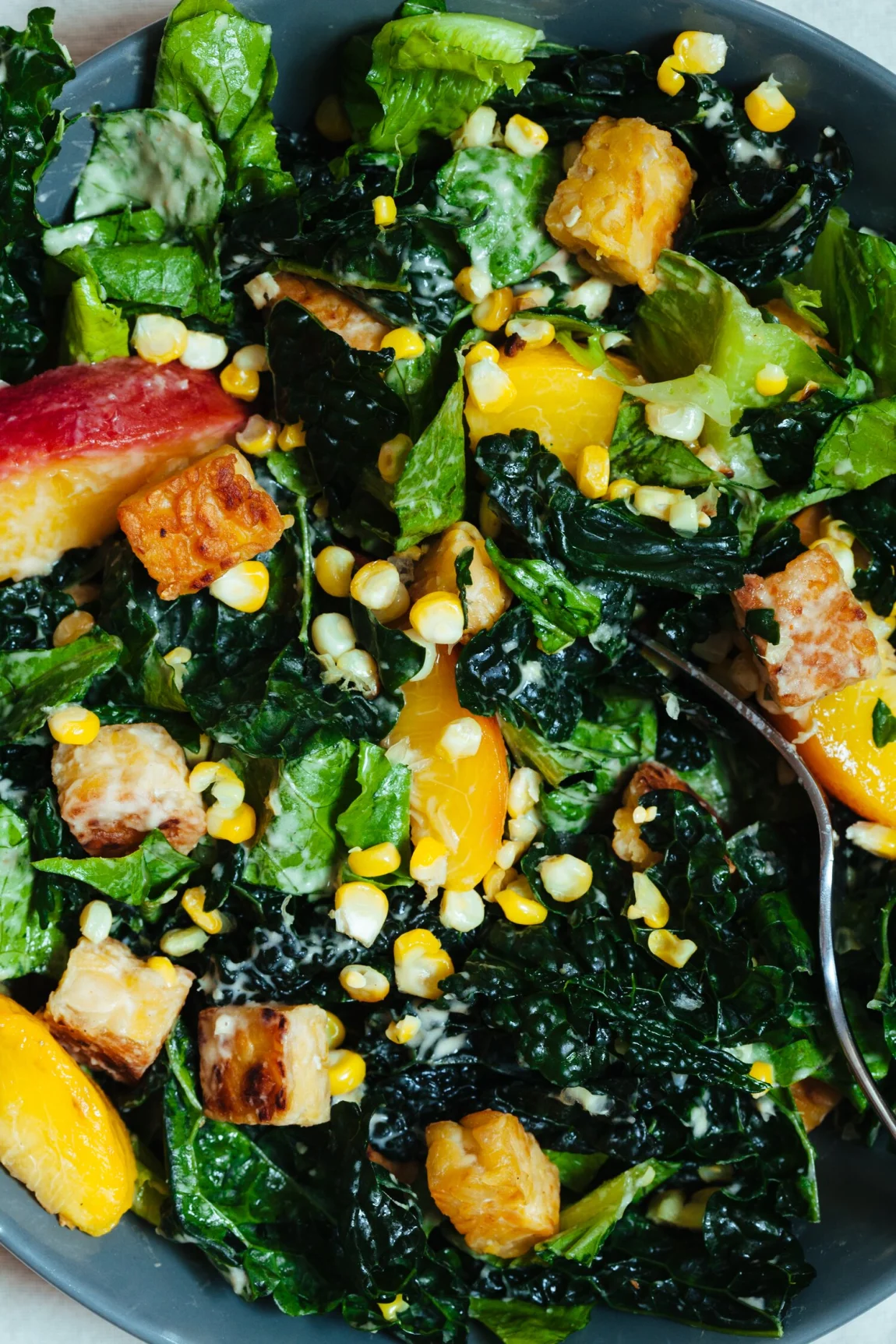 Vegan Caesar Salad with Tempeh Croutons, Roasted Peaches and Corn | Golubka Kitchen