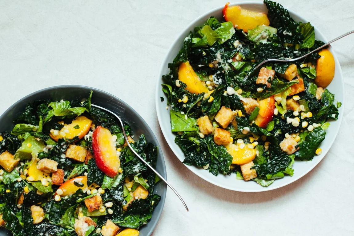 Vegan Caesar Salad with Tempeh Croutons, Roasted Peaches and Corn | Golubka Kitchen