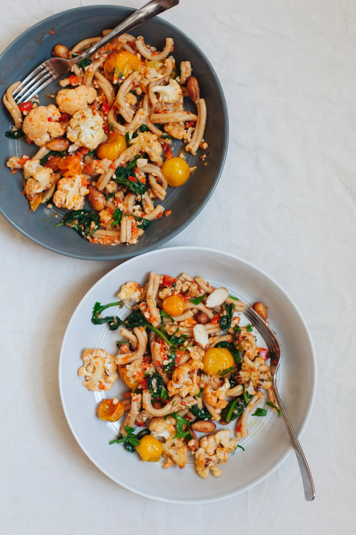 Sprouted Almond Romesco Pasta with Roasted Cauliflower and Blistered Tomatoes | Golubka Kitchen
