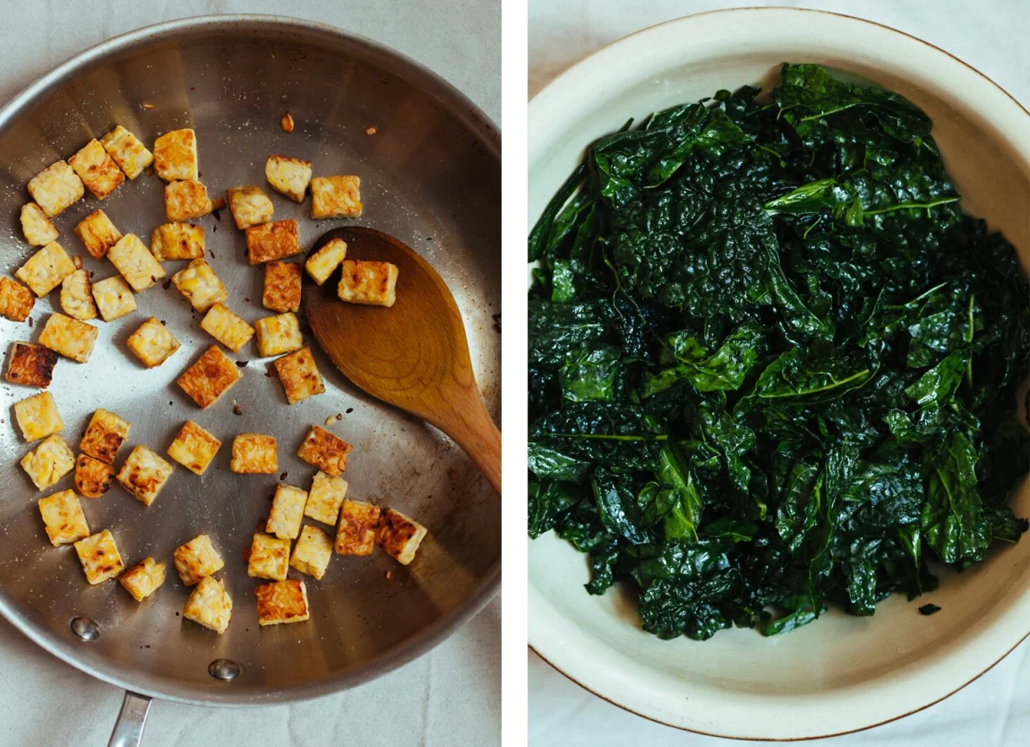 Vegan Caesar Salad with Tempeh Croutons, Roasted Peaches and Corn | Golubka Kitchen