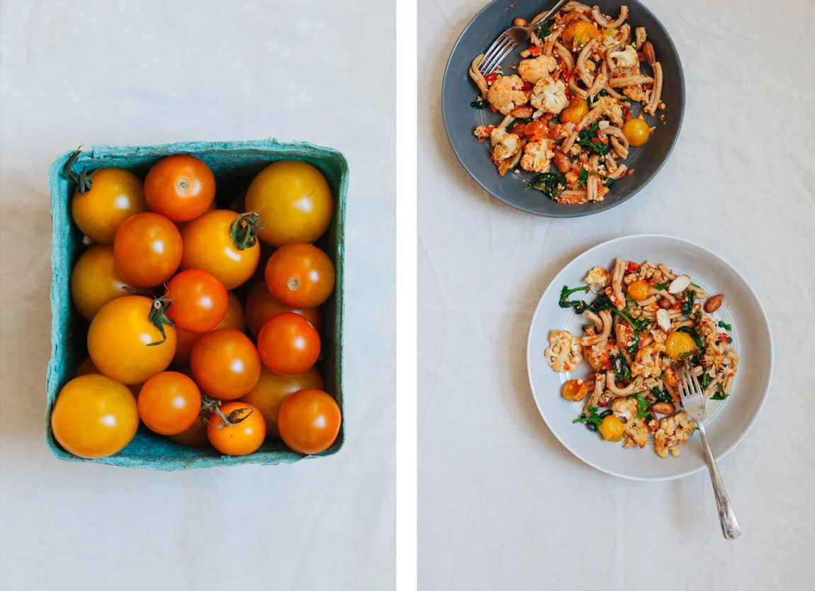 Sprouted Almond Romesco Pasta with Roasted Cauliflower and Blistered Tomatoes | Golubka Kitchen