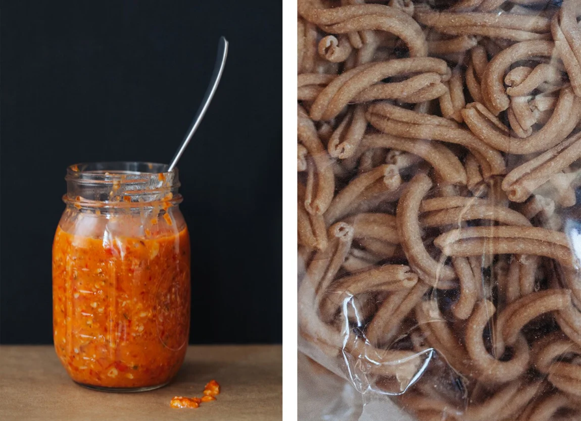 Sprouted Almond Romesco Pasta with Roasted Cauliflower and Blistered Tomatoes | Golubka Kitchen