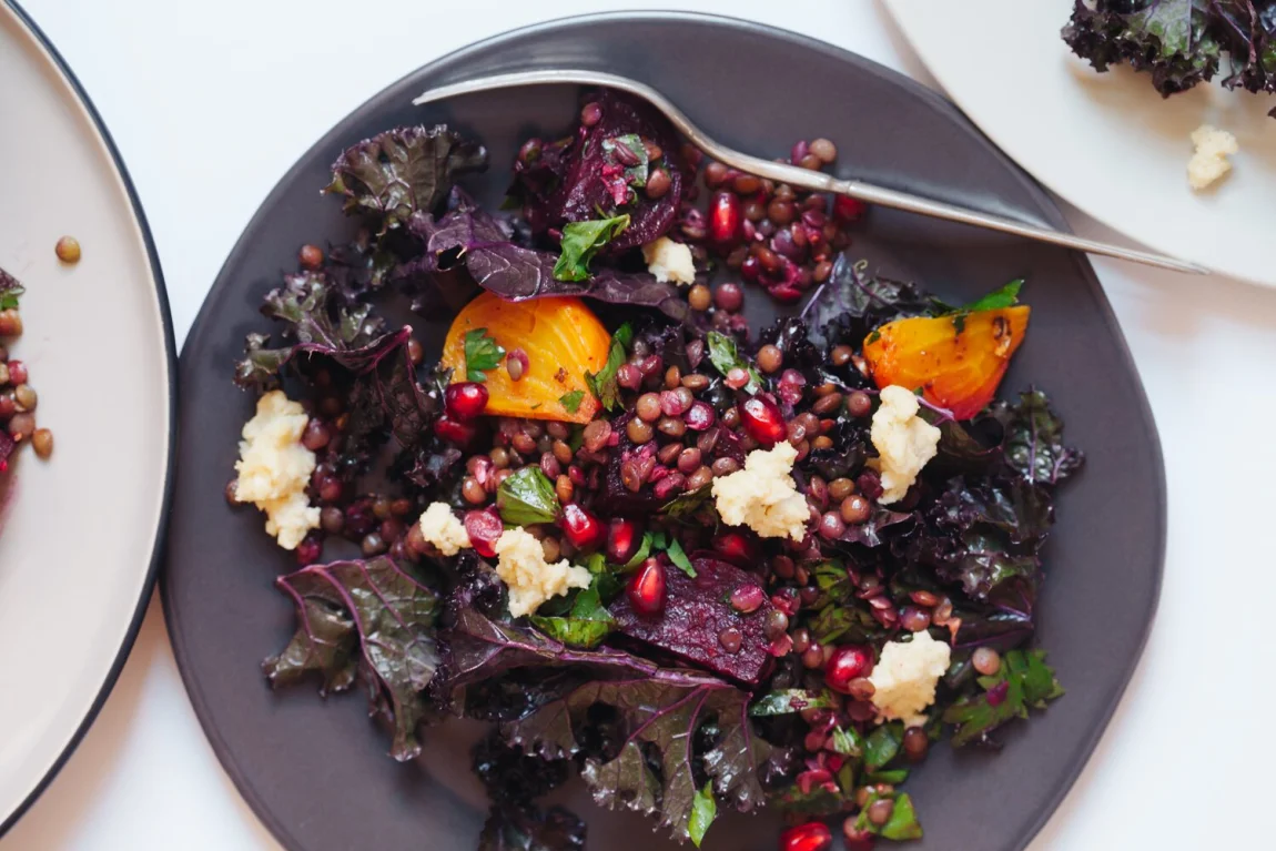 Kale Salad with Marinated Beets, Lentils and Almond Cheese | Golubka Kitchen