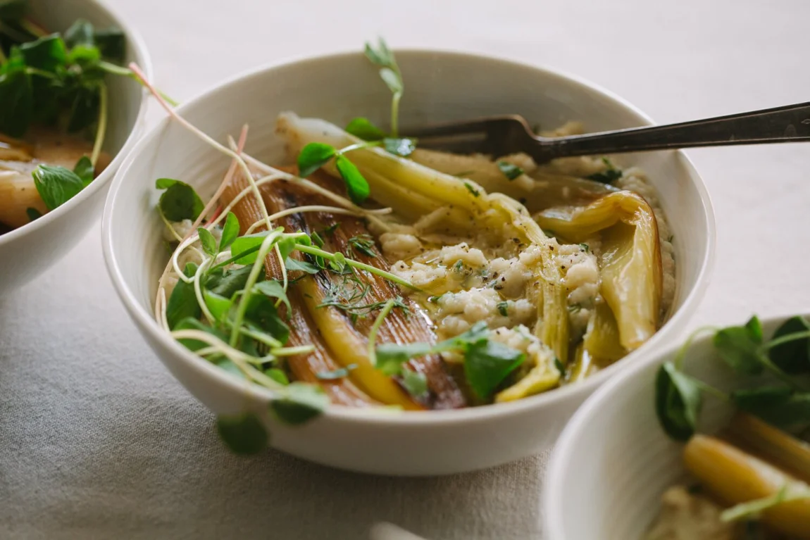 Braised Leeks with Cauliflower White Bean Mash - Golubka Kitchen