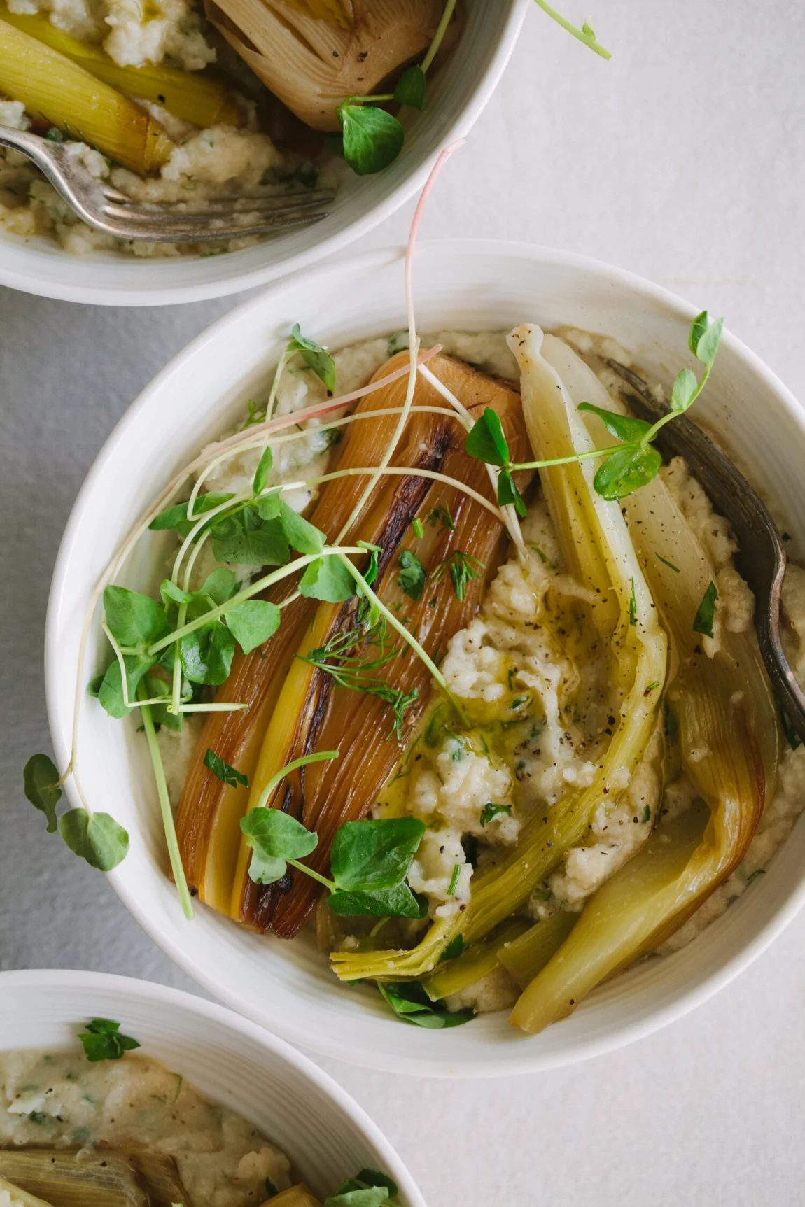 Braised Leeks with Cauliflower White Bean Mash - Golubka Kitchen