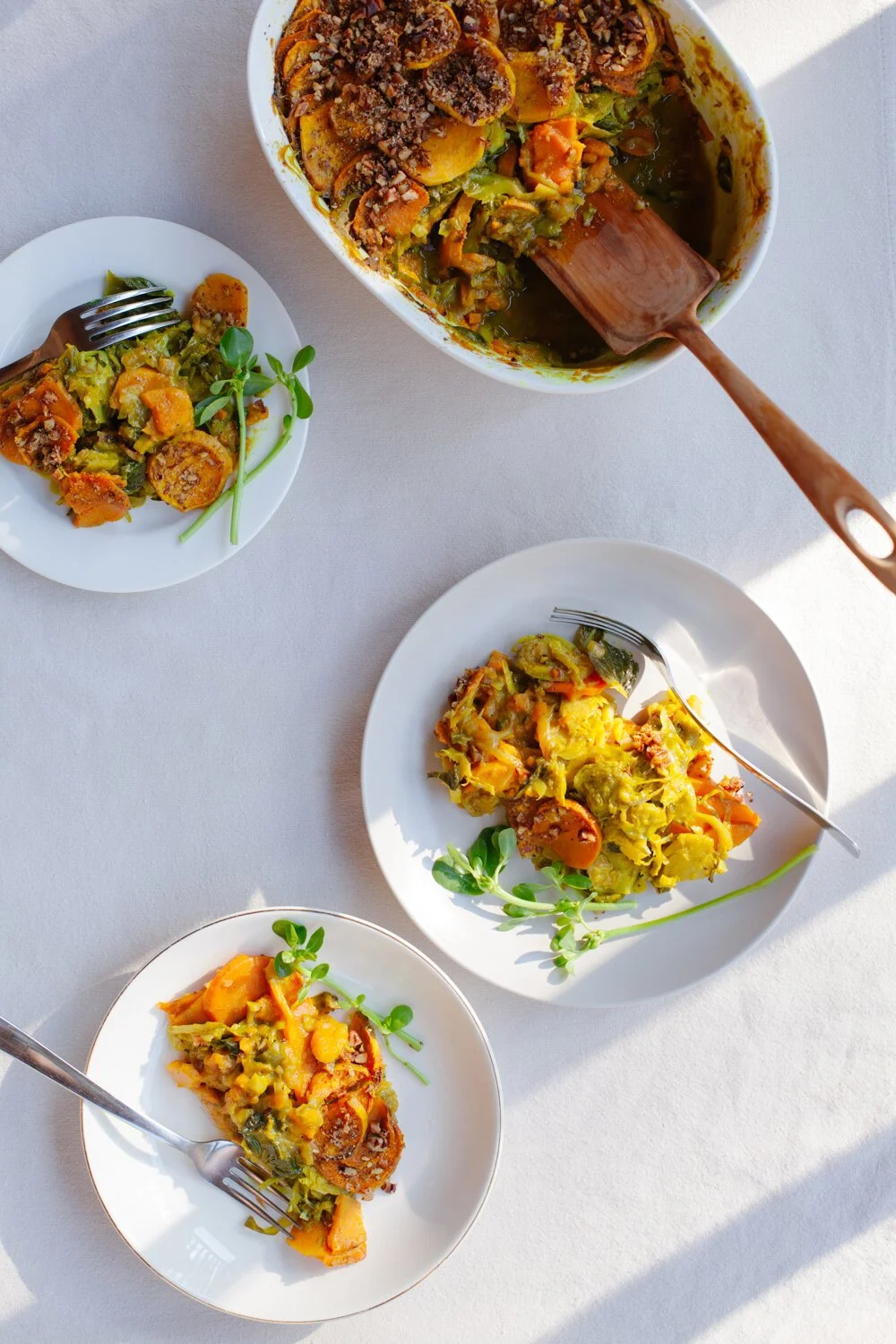 Sweet Potato and Brussels Sprout Gratin - Golubka Kitchen