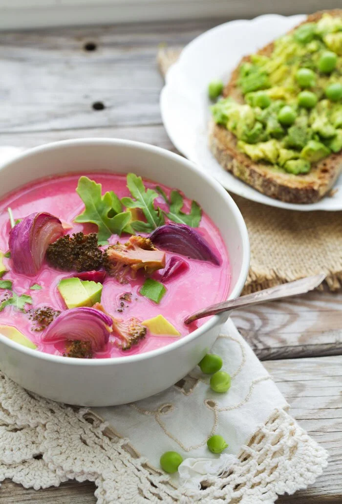 Pink Soup with Roasted Onion and Broccoli - Golubka Kitchen