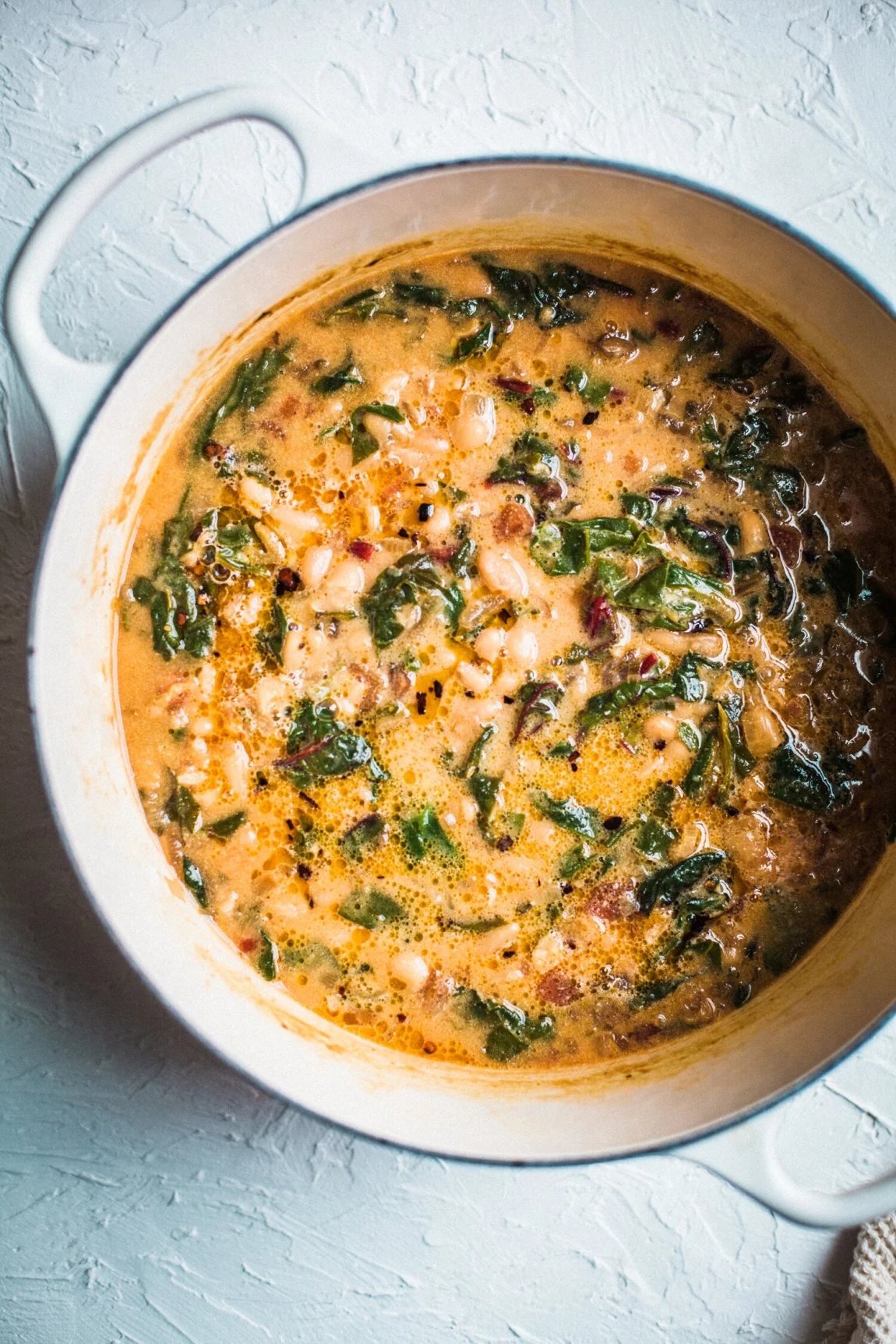 One Pot Vegan Creamed Beans and Greens with Chili Oil - Golubka Kitchen