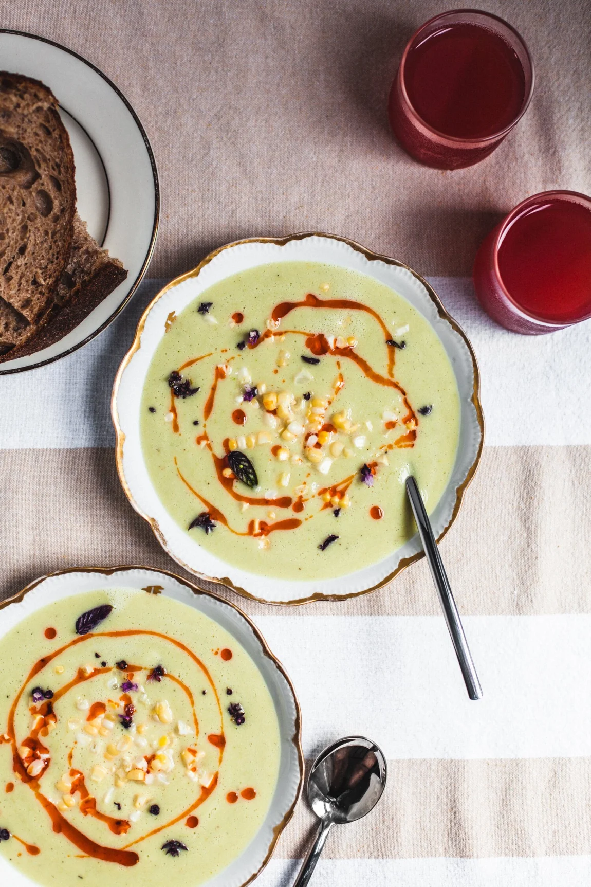 Corn and Zucchini Bisque with Paprika Oil - Golubka Kitchen