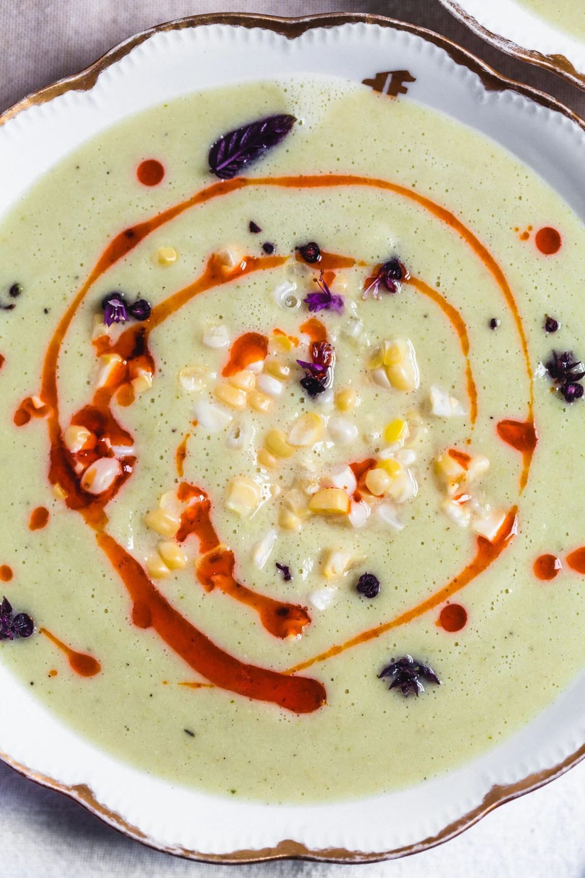 Corn and Zucchini Bisque with Paprika Oil - Golubka Kitchen